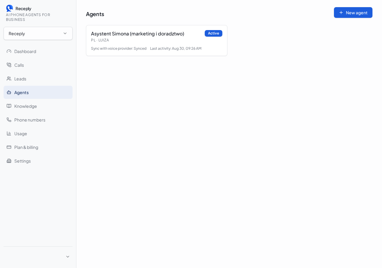 Receply AI agent configuration workspace
