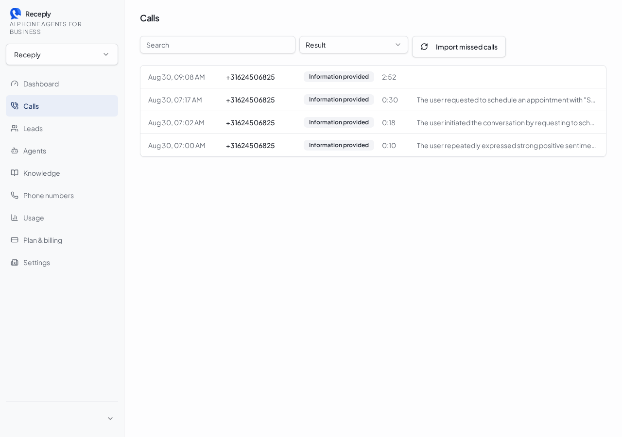 Receply call history with outcomes, summaries and customer details
