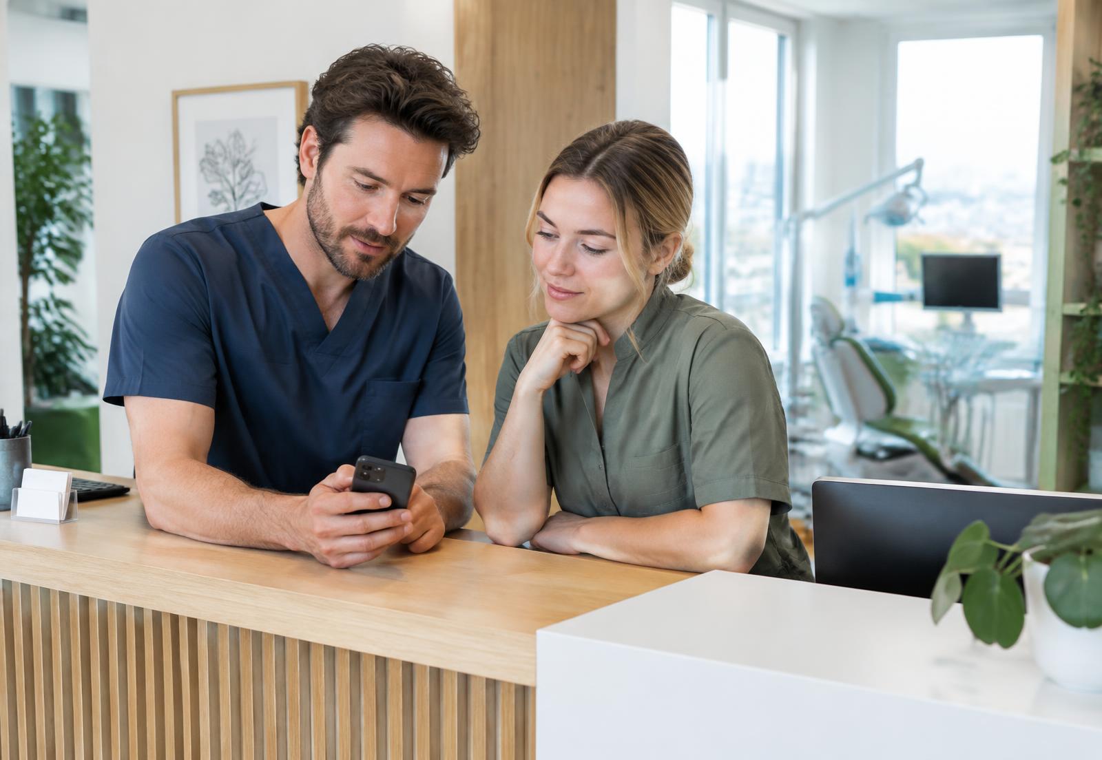 Dental clinic team reviewing an AI call summary after treating a patient