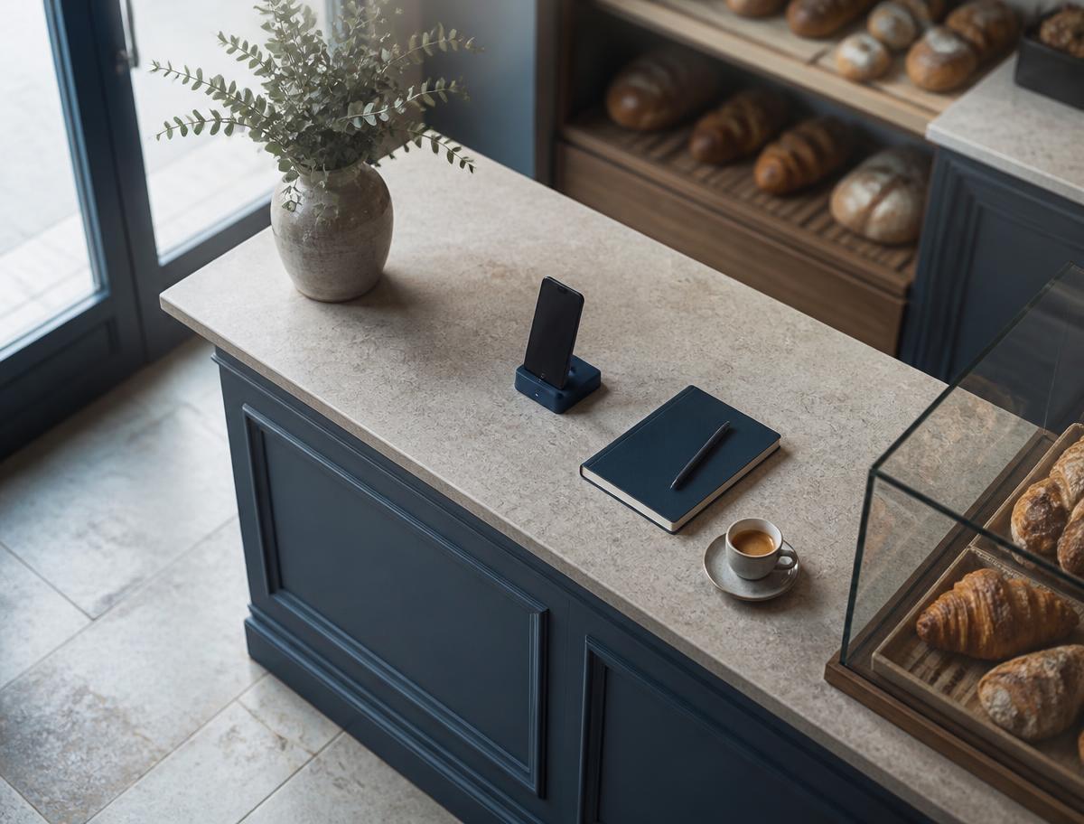 Bakery counter with a phone dock, notebook and espresso cup in morning light